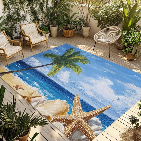 Fsddascl Summer Palm Tree Outdoor Rug for Patio/Deck/Porch, Non-Slip Large Area Rug 5 x 8 Ft, Beach Ocean Coastal Starfish Shells Indoor Outdoor Rugs Washable Area Rugs, Camping Rug Carpet