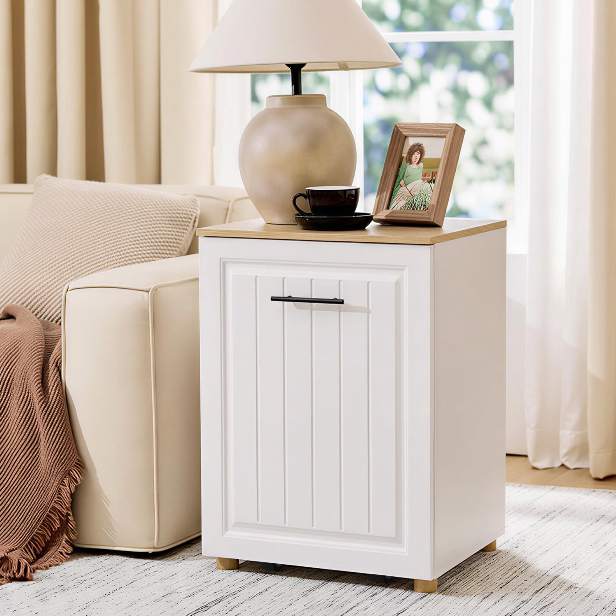 FEXIA Pull Out Trash Can Cabinet for 10 Gallon Bin, Pet Proof Hidden Kitchen Waste Bin, Freestanding Wooden Garbage & Recycling Cabinet for Kitchen, Laundry Room, Living Room