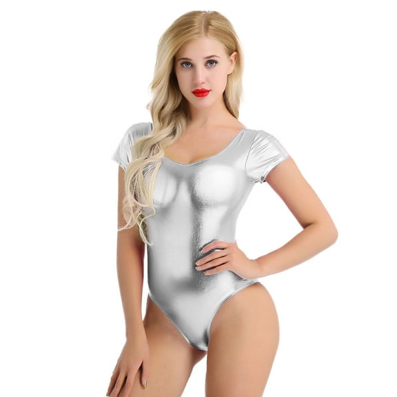 Zaldita Womens Short Sleeve Leotard Wet Look Patent Leather Bodysuit for Ballet Gymnastics Dance Silver L