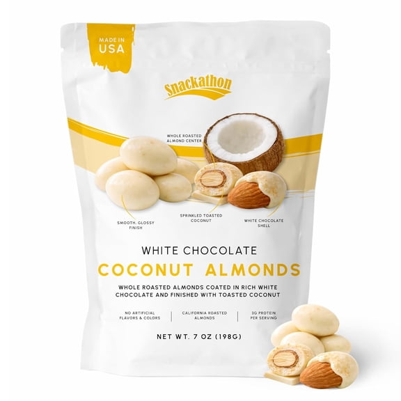 Snackathon Coconut White Chocolate Covered Almonds, 7 oz Resealable Bag