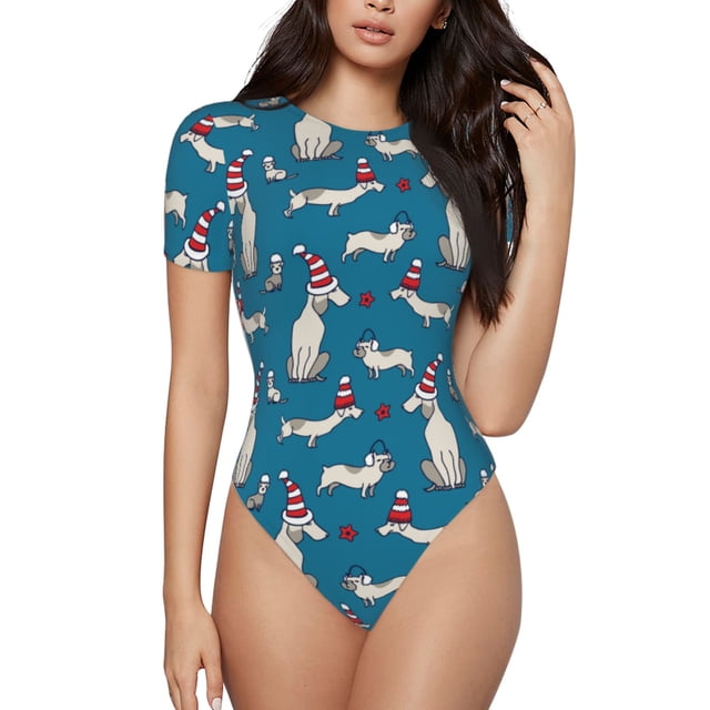 Bingfone Festive Dachshund Fun Pattern Women's Round Neck Bodysuit, Tight Snap Button Short Sleeve Bodysuit, Suitable for Party, Sports, Daily Wear-Large