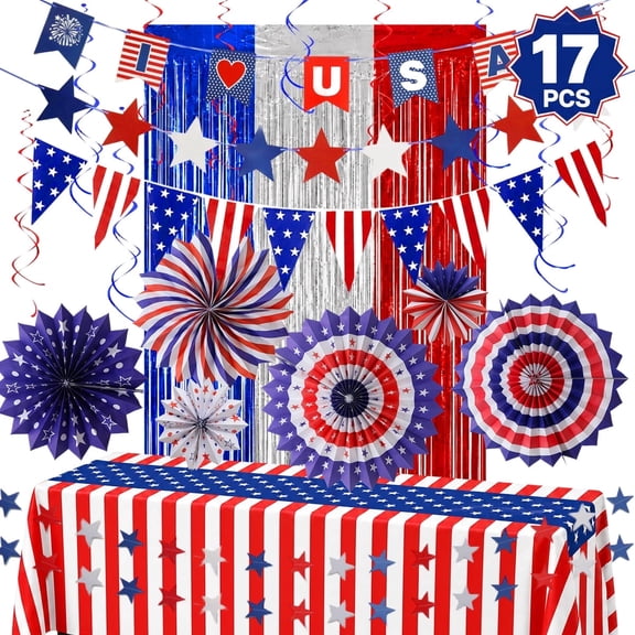 4th of July Decorations Indoor, Patriotic Table Cloth, Red White Blue Banner Decor, Independence Day Party Supplies for Home Kitchen Party Dining