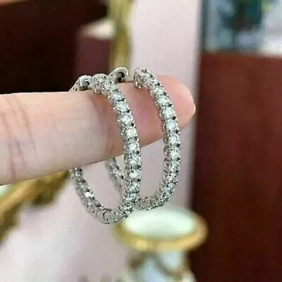 Round Cut 2Ct White Moissanite Earring Huggie Hoop Women's White Gold Plated 14K