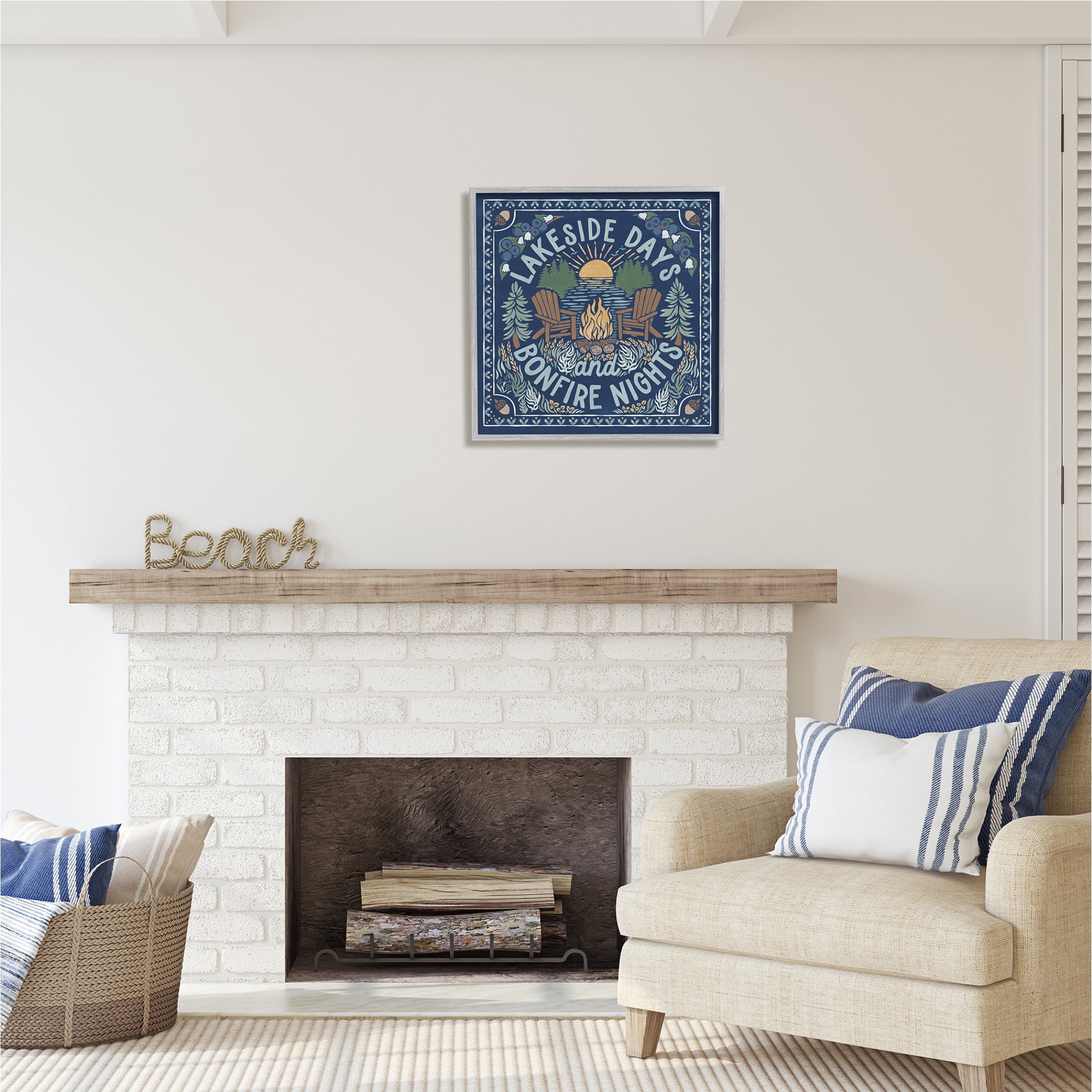 Stupell Industries Lakeside Campfire Phrase Nature Painting Gray Framed Art Print Wall Art, 24 x 24