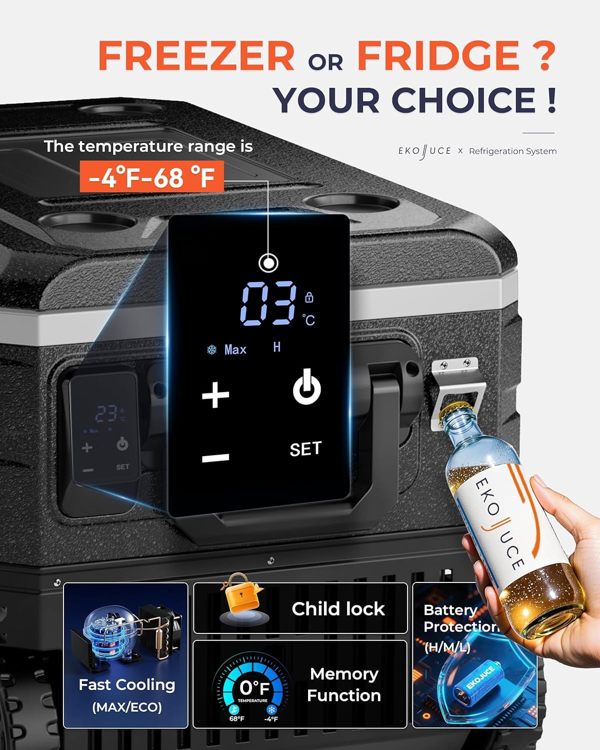 12V Fridge 69Qt Portable Electric Cooler, Compressor Refrigeration -4°F to 68°F, 12/24V DC & 100-240V AC, Wheels Trolley Case, for Truck Camping Travel RV Freezer