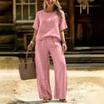 thumbnail image 6 of Ynynloco 2 Piece Cotton Linen Outfits for Women Casual Tracksuit Short Sleeve Tops And Wide Leg Long Pants Matching Lounge Sets, 6 of 8