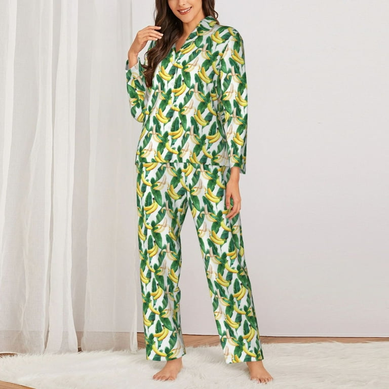 Pajamas for Women Sets, Banana Tree Leaves Lounge Sets Long Sleeve
