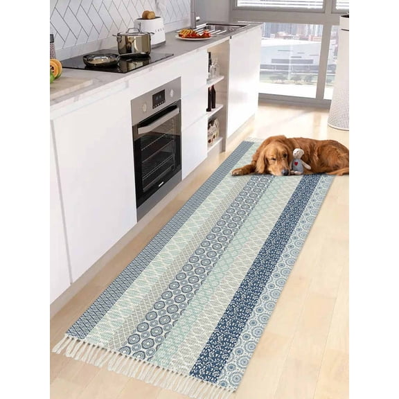Blue Striped Entryway Runner Rug 2x4ft,Boho Modern Geometric Abstract Art Ethnic Washable Woven Living Room Hallway Bedroom Kitchen Carpet with Tassels,Indoor Outdoor Throw Door Mat for Entryway