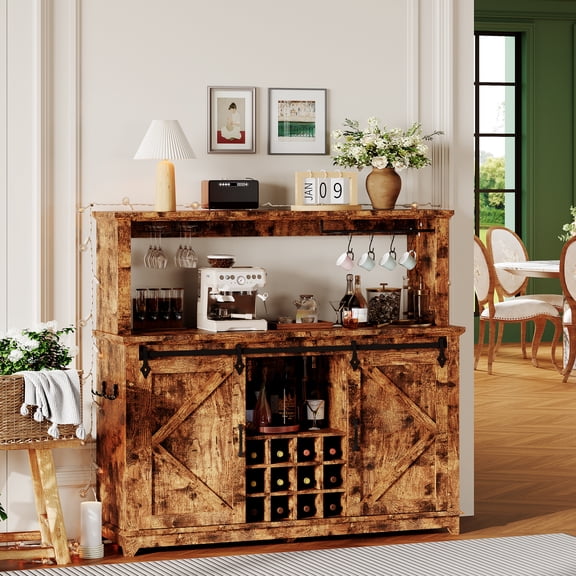 BouPower 55" Coffee Bar with Power Outlet & LED Light,Buffet Cabinets with Storage,Farmhouse Sideboard Cabinets with Sliding Barn Doors for Kitchen,Living Room