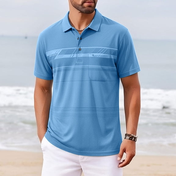 COSFO Casual Men Polo Shirts Short Sleeve Blue Golf Shirt Collared Loose Fit Work Pullover with Pocket Tops