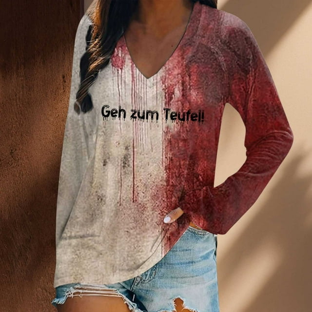 MHFRRA Camiseta de Manga Larga con Estampado de Manchas de Sangre para Mujer, Estilo Informal, para Fiesta de Halloween, con Cuello Alto, para Primavera, Verano y Otoño. Rosa Fuerte