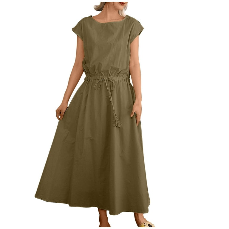 Clodeeu Womens Summer Short Sleeve Shift Dress with Belted ,Flowy Casual Loose Dress Army Green,Womens Plus XL, Women's