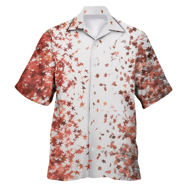 Camisas Negras Para Hombre Camisa de manga corta con solapa de moda de verano para hombre, Top con estampado de botones y hojas de arce (White, XL)