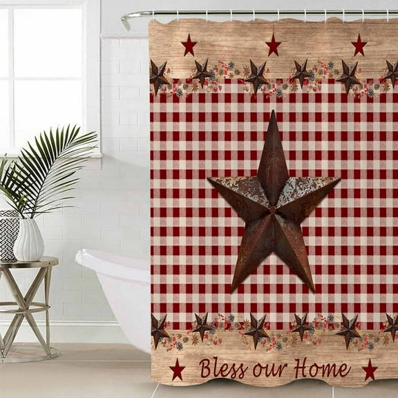 Country Star Farm Waterproof Fabric Shower Curtain, Farmhouse Plaid Texas Vintage Fruit Shower Curtain for Bathroom Curtains Bathtubs Hotel Washable Shower Curtains with 12 Hooks Small 36x72in