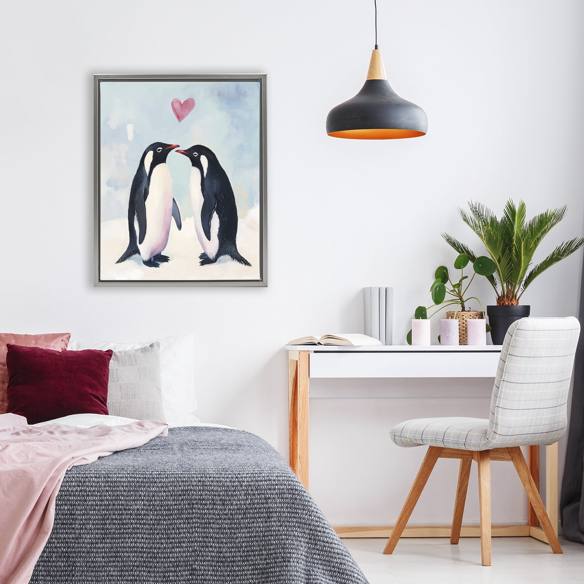 Stupell Industries Penguin Love with Heart Gray Framed Floater Canvas Wall Art, design by The Prints Vibe