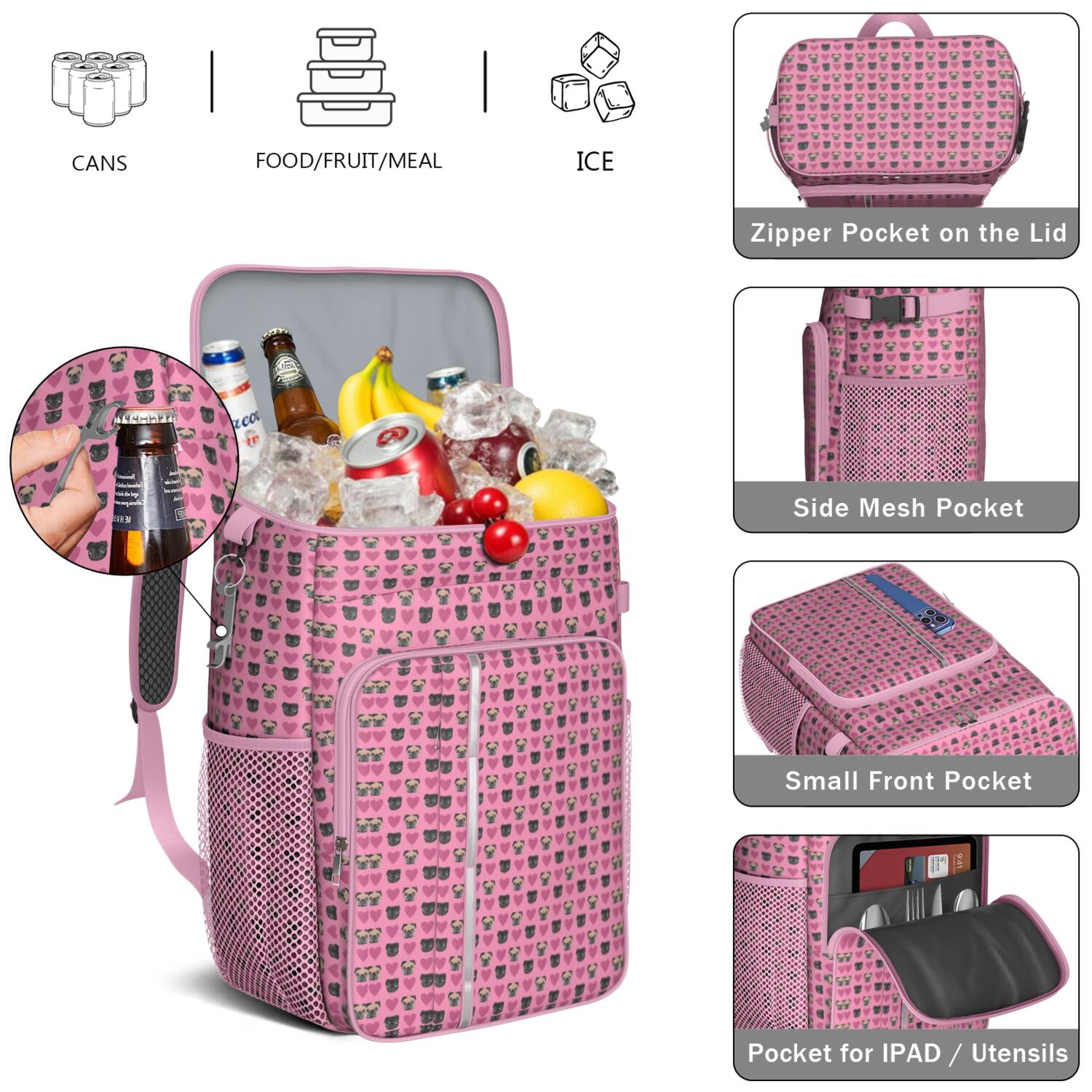 Travel Cooler Bag - Pink Pug Puppies Camping Beer Cooler Backpack with Bottle Opener- Waterproof Insulated Picnic Backpacks - Cooler Bag for Beach