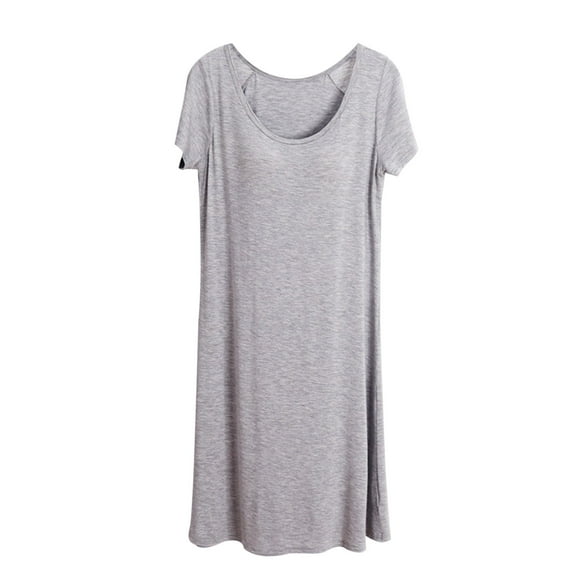 Womens Cotton Nightgowns Built in Bras Plus Size Comfort Short Sleeve Round Neck Sleepwear Pajama Dresses Casual Loose Basic Solid Sleepshirts M-4X