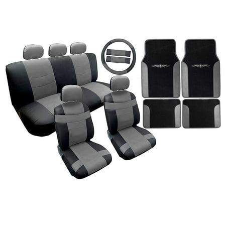 Toyota Avalon Set - Two Tone Premium Synthetic PU Faux Leather Seat Cover Set Black and Gray with Matching Tribal Floor Mats 18pc For Toyota Camry