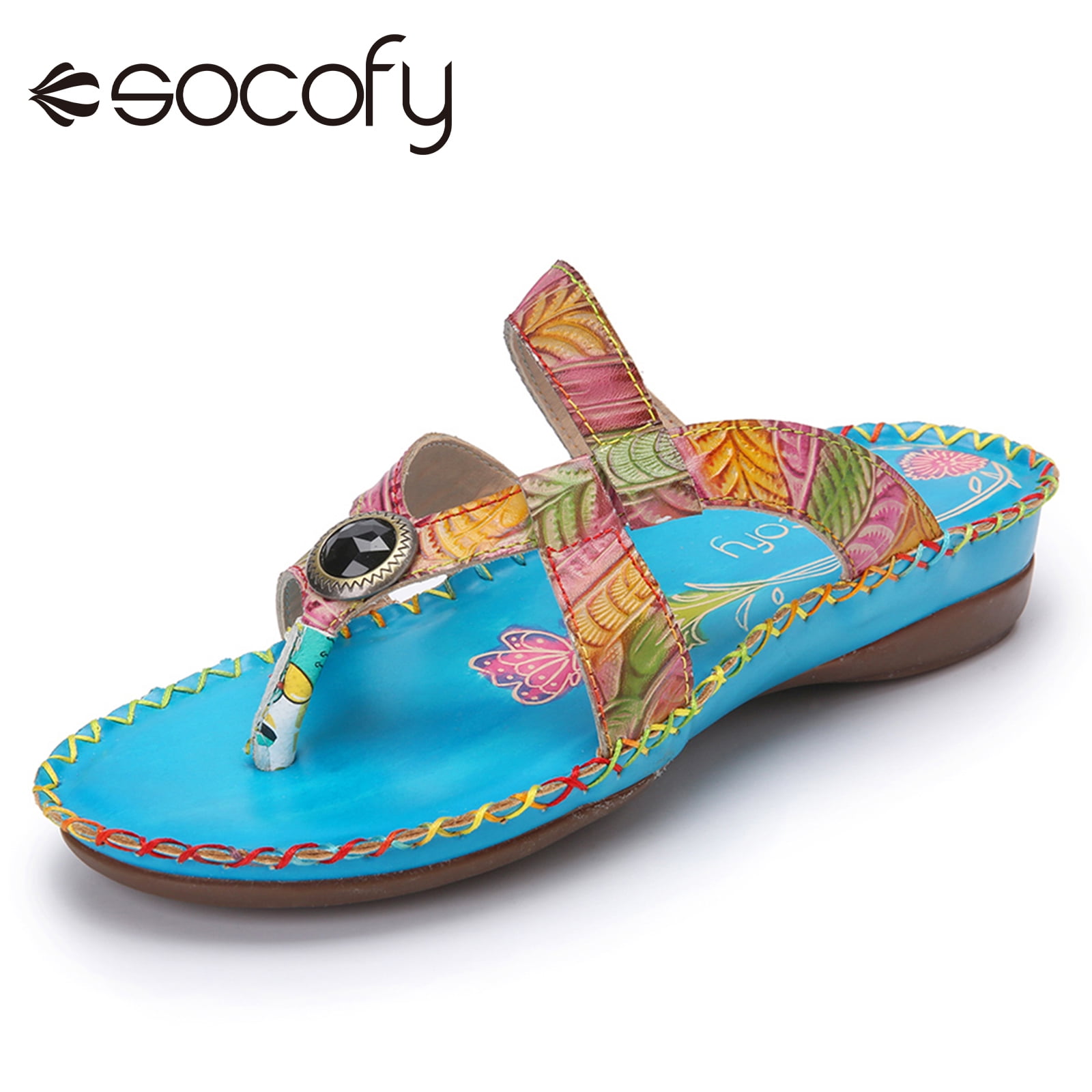 SOCOFY Women Genuine Leather Shoes Summer Printing Sandals Slippers Platform
