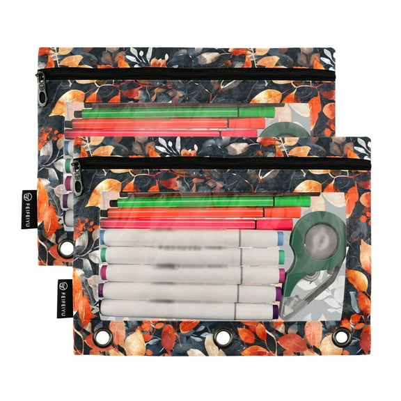 2 Pack Pencil Pouch for 3 Ring Binder Smooth Zipper Folders with Pockets Clear Window Pencil Case Watercolor Floral Leaves