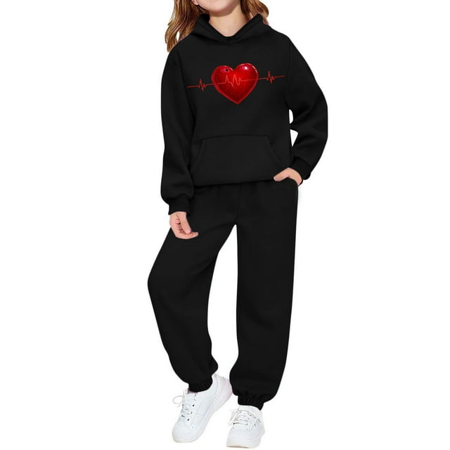 Conjunto de sudadera con capucha de manga larga para niños con estampado en forma de corazón y pantalones deportivos con lazo en las piernas, conjunto deportivo informal de dos piezas para niños, poli