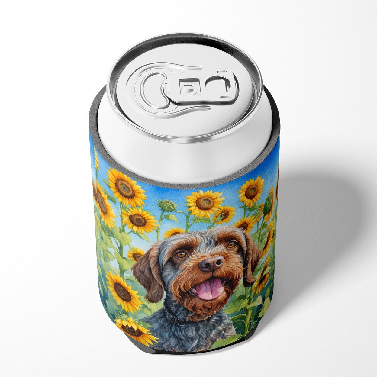 Wirehaired Pointing Griffon in Sunflowers Can or Bottle Hugger 3 in x 5 in