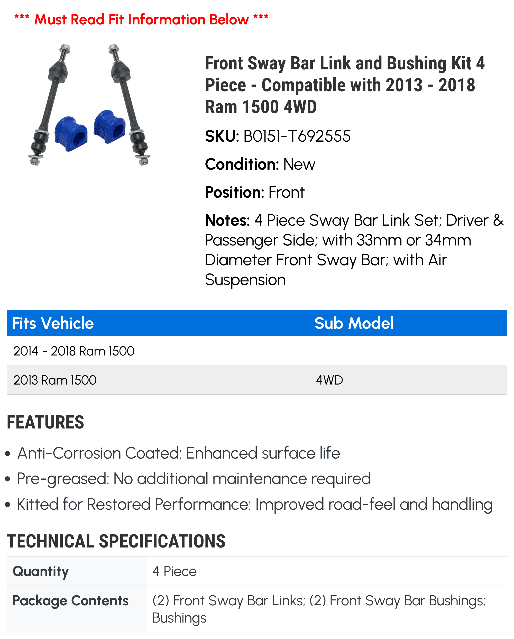 Front Sway Bar Link and Bushing Kit 4 Piece - Compatible with 2013 - 2018 Ram 1500 4WD 2014 2015 2016 2017