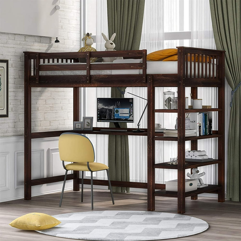 Piscis Twin Size Loft Bed with Storage Shelves and Under-bed Desk 