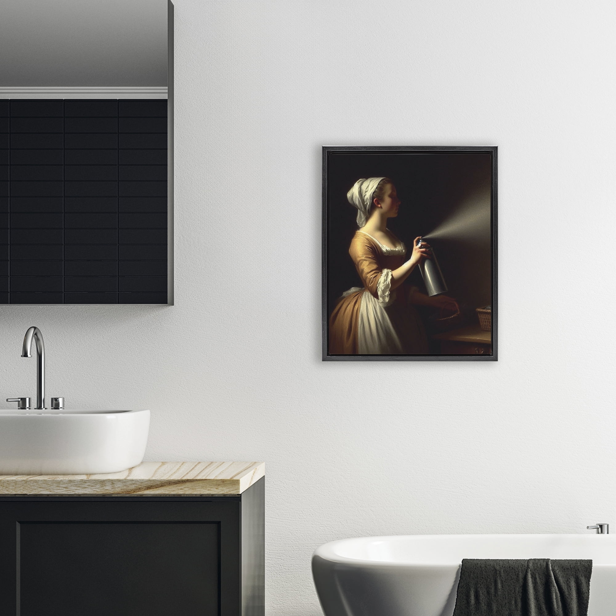Funny Vintage Lady & Spray Paint Black Framed Floater Canvas Wall Art, design by Lettered and Lined