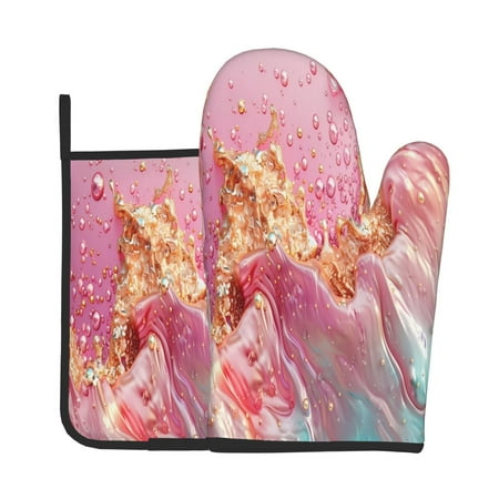 

Xecao Abstract Pink Gold Splash Pattern Oven Mitts and Pot Holders Sets Heat Resistant Silicone Oven Mittens Extra Thicken Long Kitchen Cotton Oven Glove for Cooking