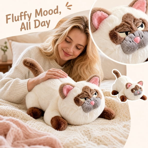 Grumpy Cat Plush Toy 12" Siamese Stuffed Animal, Soft Lying Kitty Plush Pillow with Sassy Face, Cat Lover Gift for Kids Room Desk Decor