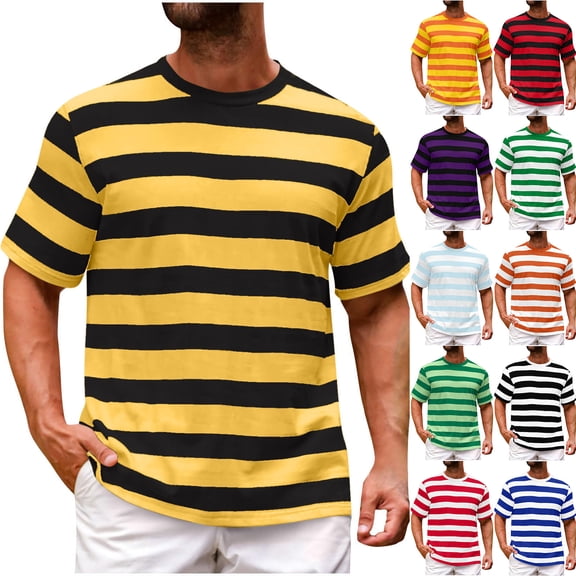 Axiiglly Mens T Shirts Striped Loose Fit Short Sleeve Shirts Summer Casual Outdoor Workout Tees for Big & Tall, M-4XL