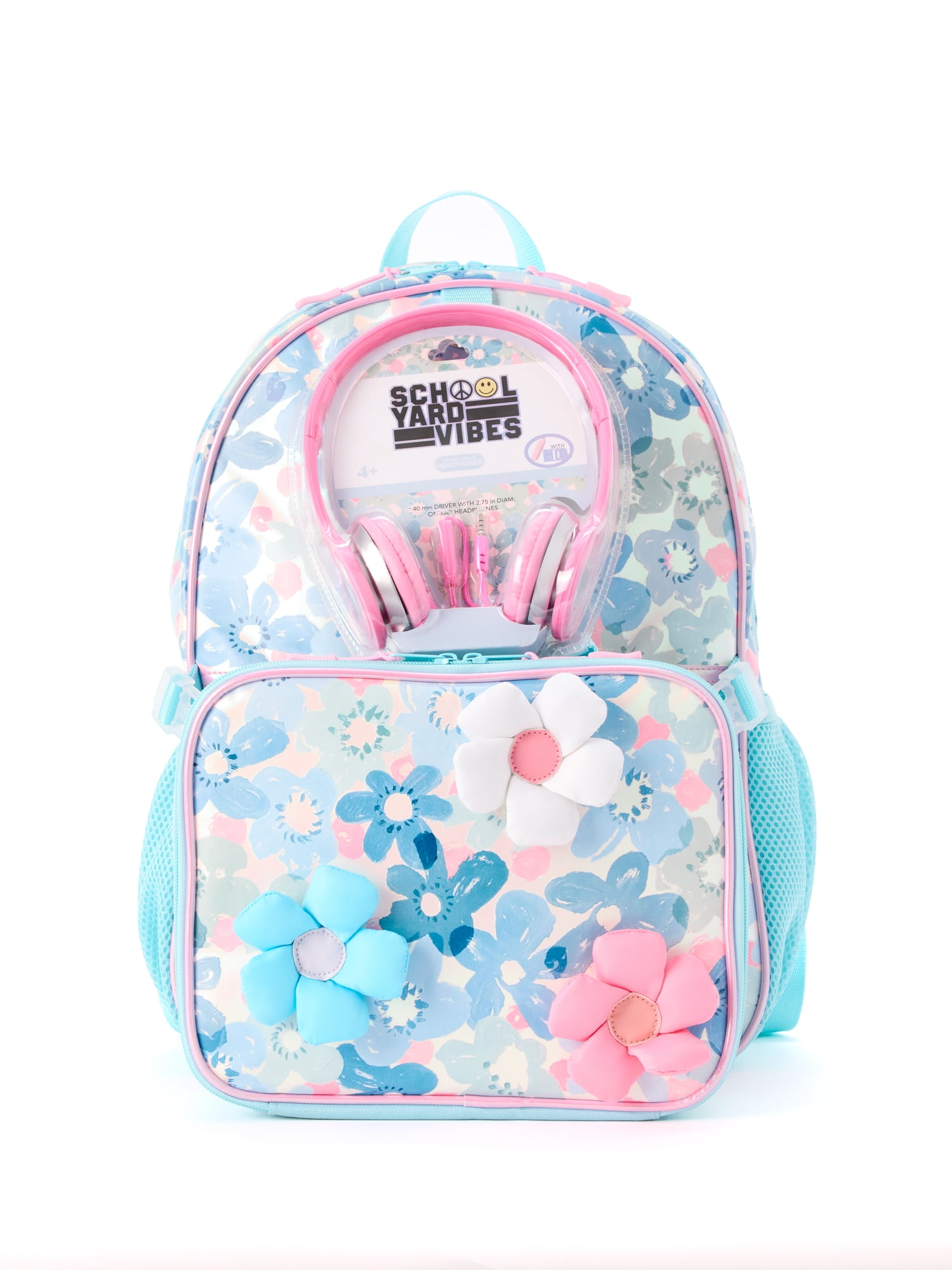 Schoolyard Vibes 17" Girls' 3-Piece Backpack Set with Headphones & Lunch Box, Blue Floral