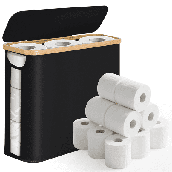 LIZEVINC Toilet Paper Storage Basket, Toilet Paper Organizer with Lid, Hold up to 12 Regular Rolls or 9 Mega Rolls, Stackable & Foldable, Bamboo Handle for Easy Carry, Easy to Install