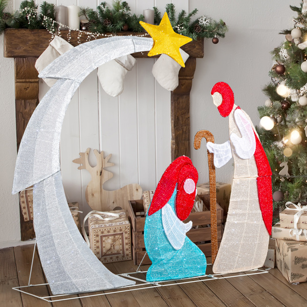 48in Lighted Outdoor Nativity Scene, 170 White LEDs, Classic Silhouette (Moon + Star), Collapsible with Ground Stakes for Indoor/Outdoor Use