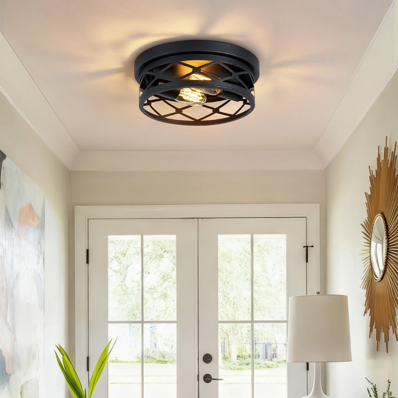 HKMGT Industrial Round Diamond Grid 2-Light Flush Mount Ceiling Light, Matte Black, E26 Base, for Kitchen Hallway Entryway (Bulbs Not Included)