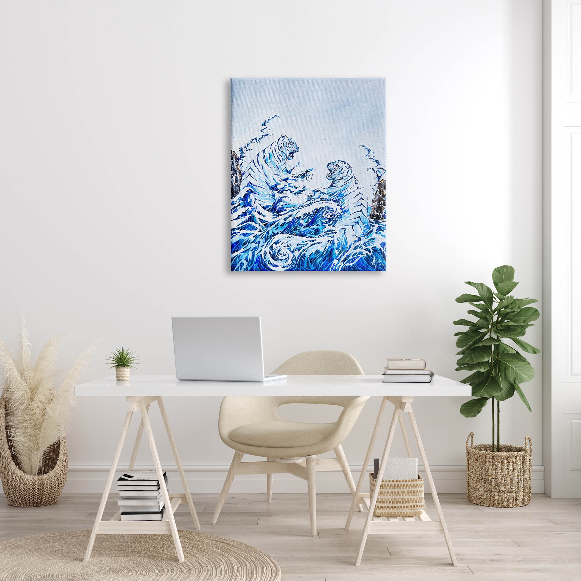 Dueling Tigers Ocean Waves Animals & Insects Painting Gallery Wrapped Canvas Print Wall Art