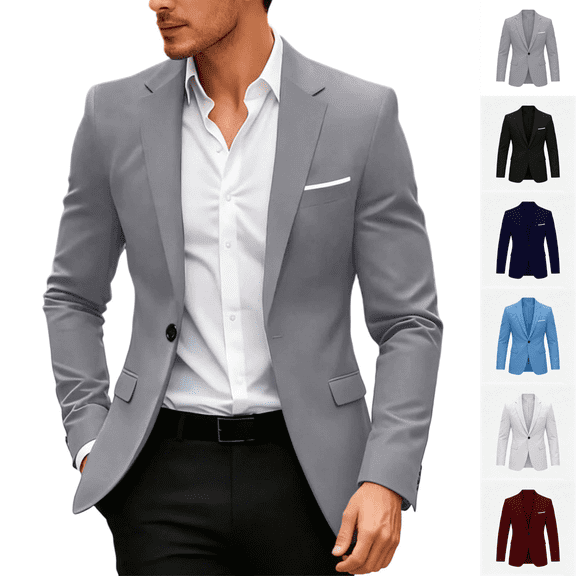 Fmbrln Men's One Button Blazer Summer Fall Long Sleeve Suit Jackets Solid Color Casual Tops with Pocket Gray XXS