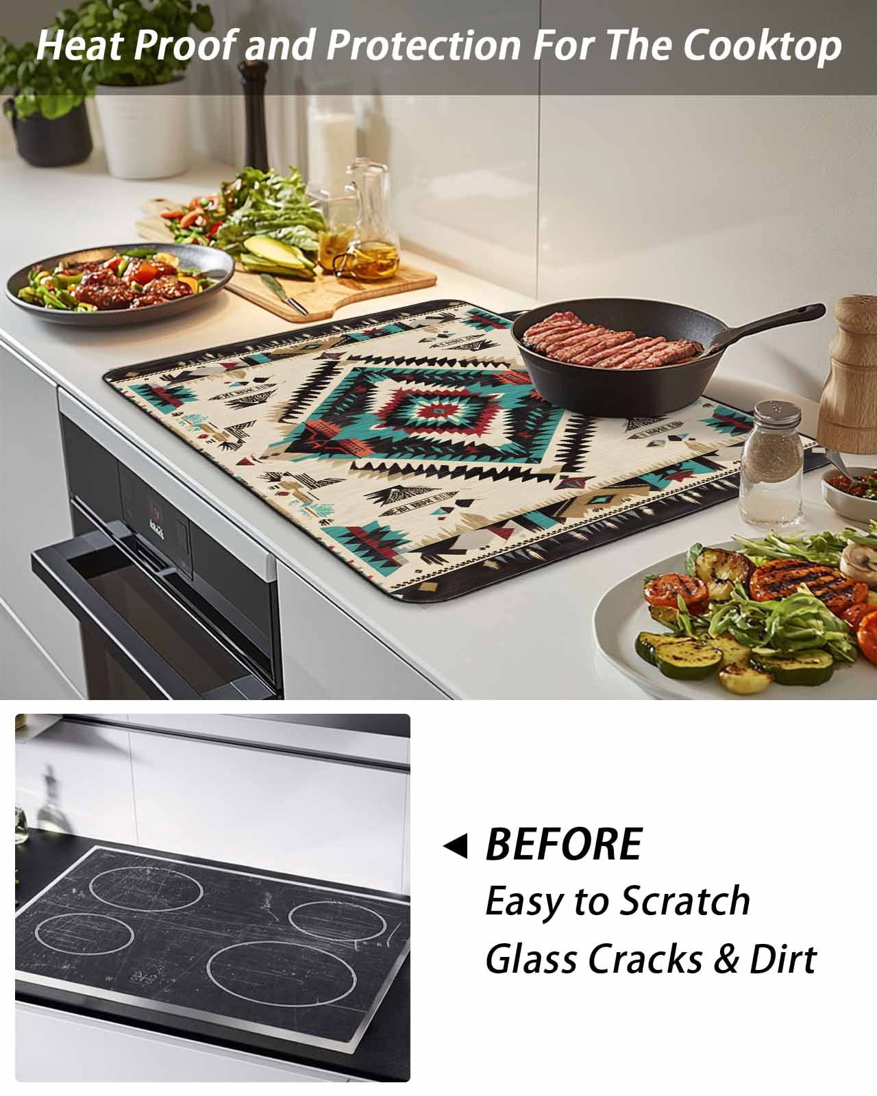 Stove Top Covers for Electric Stove, Boho Red Teal Brown Glass Stovetop Cover Protector, Southwestern Country Geometric Induction Cooktop Protector Oven Mat for Kitchen Countertop 24"x21"