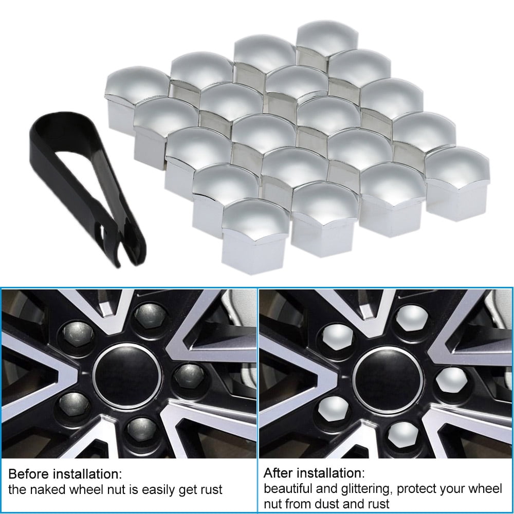 Be In Your Mind 20Pcs Chrome Silver Wheel Nut Caps Hub Bolt Covers 21mm Hexagonal Protectors with Removal Tool Compatible with Land Rover Range Rover FIAT Ducato