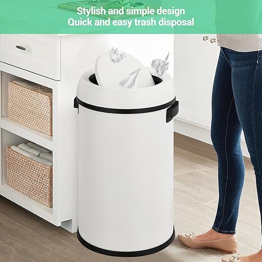 Basics Round Stainless Steel Trash Can with Swing lid, Large Kitchen Round Can - 65 Litre/ 17.2 Gallon, Silver, Black,White