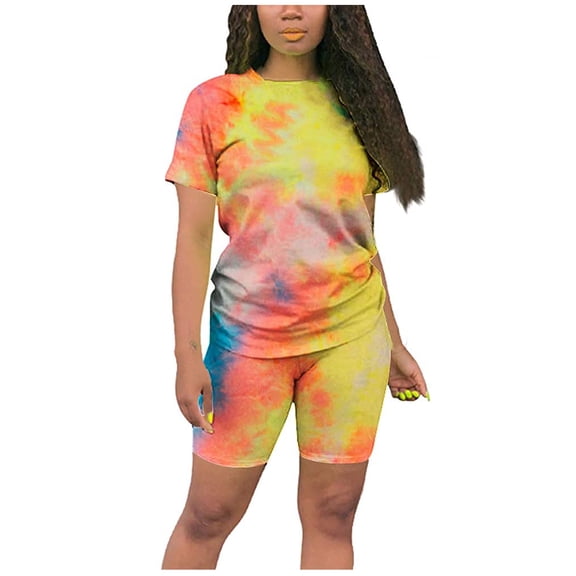 DailyTrove Women's Tie-Dye Casual Two-Piece Set (Short Sleeve Tee Shorts) - Vibrant for Lounge & Beach Days