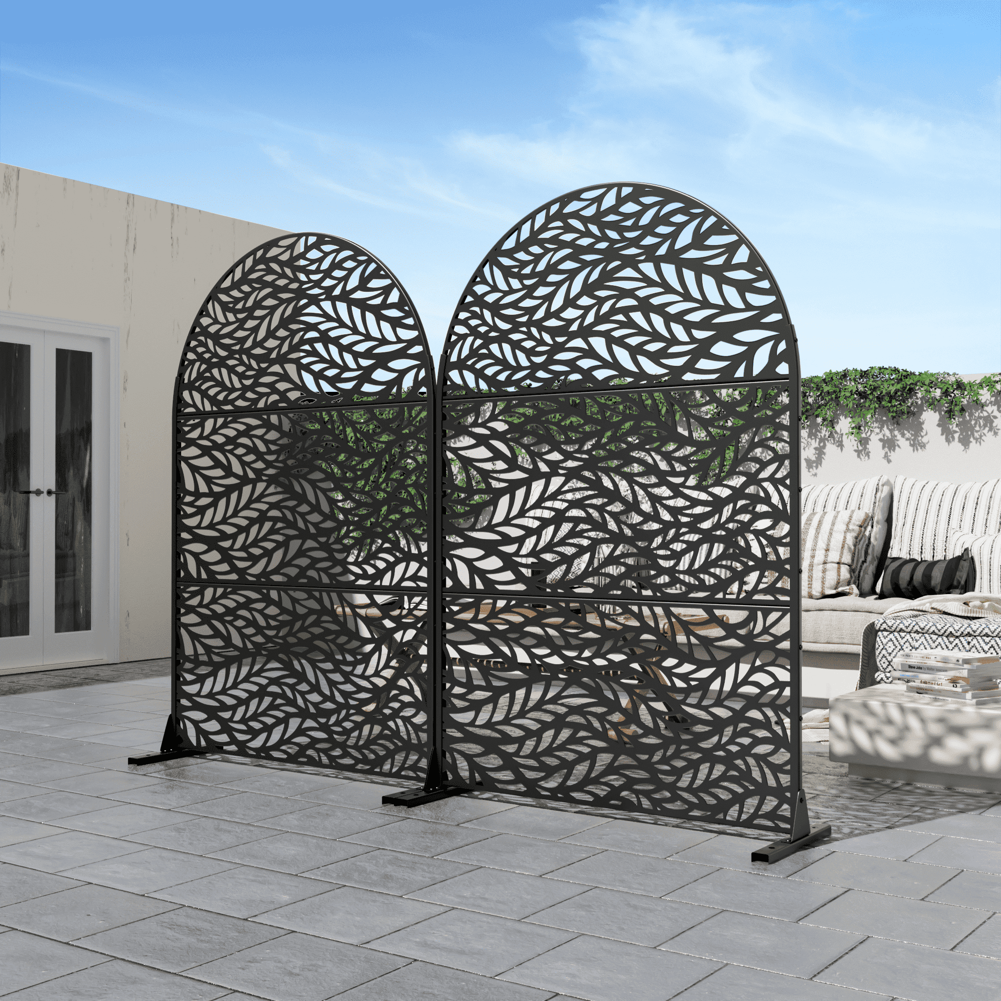 MAYEERTY 72*47" Outdoor Arched Metal Freestanding Privacy Panel Screen, Flowing Leaf Pattern, Black