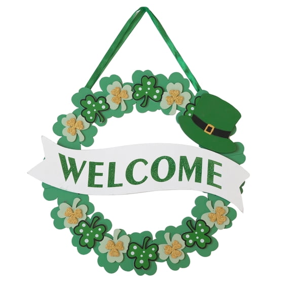 14 Inch St Patricks Day Wreath, Foldable Shamrock Welcome Sign, Wooden Wall Door Decor for St Patricks Day Decorations, Shamrock Decor for Holiday Front Door