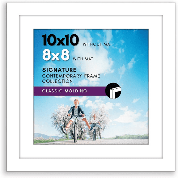 10x10 Picture Frame with Shatter-Resistant Glass - Use as 8x8 Frame with Mat or Display 10x10 Photo Without Mat - Signature Collection - Square Frames for Wall Display - White