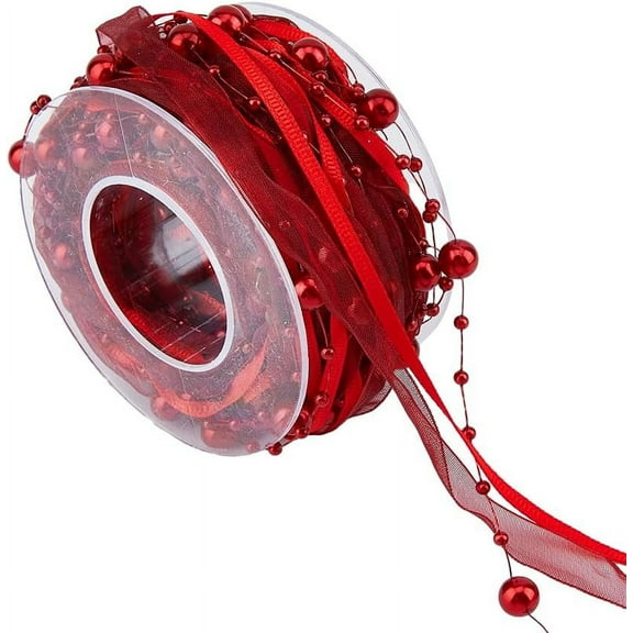 10.94 Yards Ribbon Roll Beaded Lace Ribbon Trims Polyester Ribbon Gift Wrapping Ribbon for Wedding Christmas Tree Decoration Sewing Craft Red