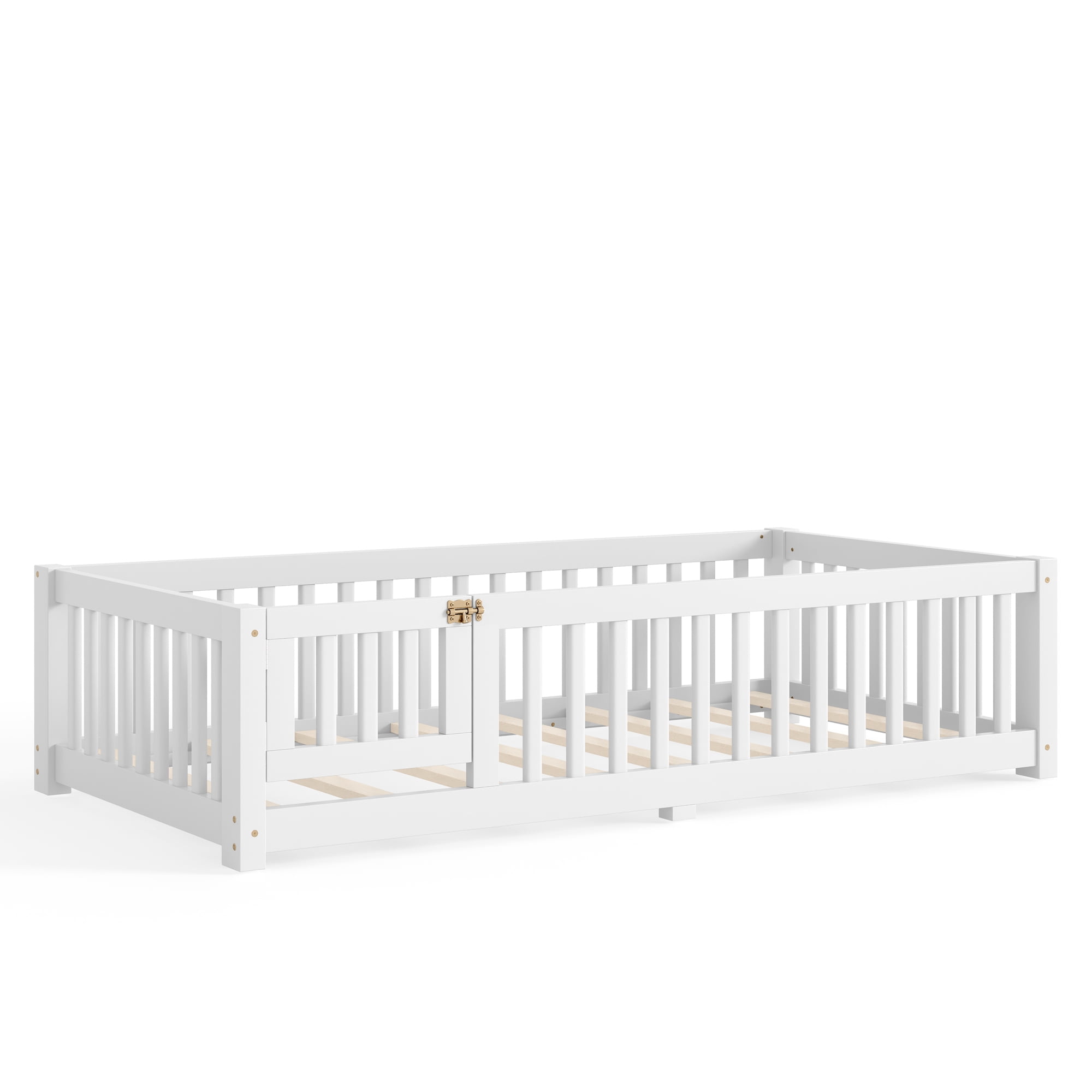 Twin Size Kids Floor Bed with Door and Full-Length Guardrails, Wood Montessori Floor Bed with Support Slats, Toddler Bed for Boys Girls, No Box Spring Needed Design