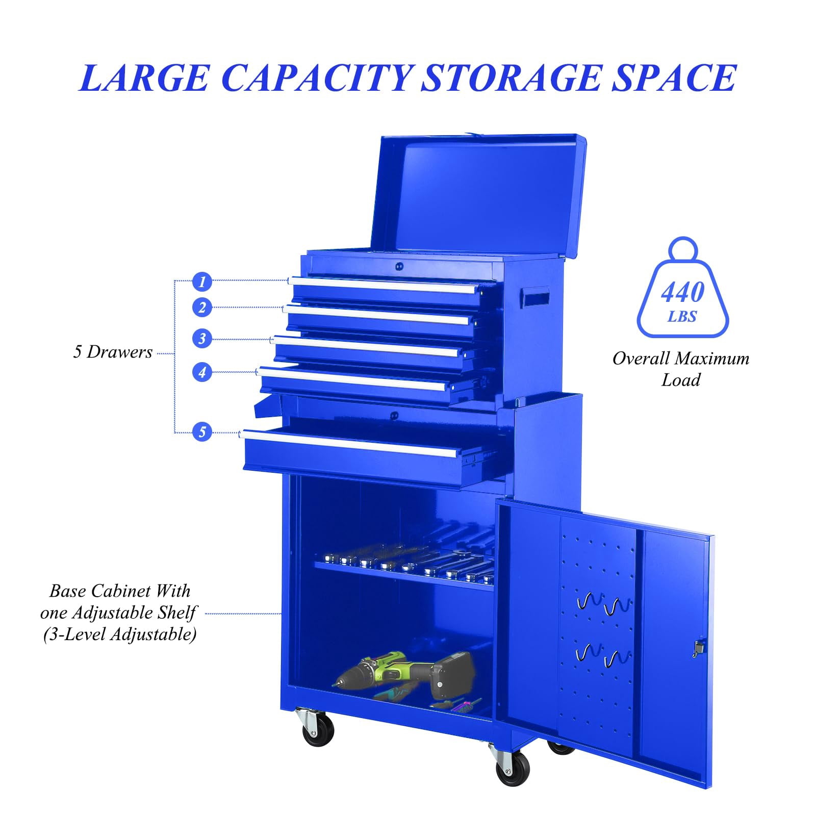POVANLI  Detachable 5-Drawer Rolling Tool Chest with Bottom Cabinet and One Adjustable Shelf/Locking System for Garage Workshop Warehouse Repair Shop