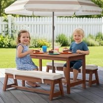 UBesGoo Patio Wood Kids Activity Table Set, 3Pcs Child Picnic Table with Cushion & Umbrella, for Indoor/Outdoor Homework, Handwork, Crafts, Meal (Brown)