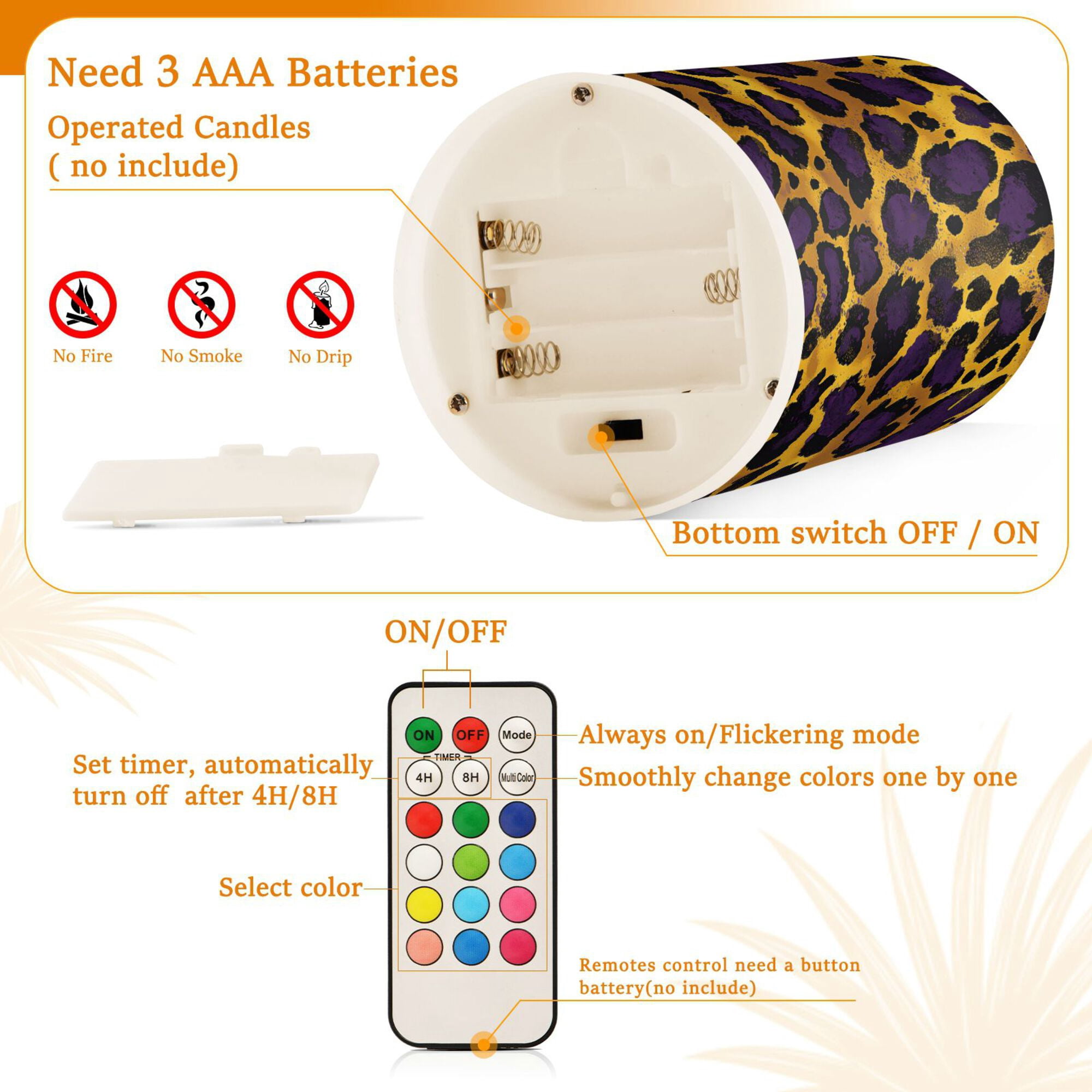 Yayeee Flameless Candles with Remote Flickering Battery Operated Multi Color Changing, Purple Leopard Print